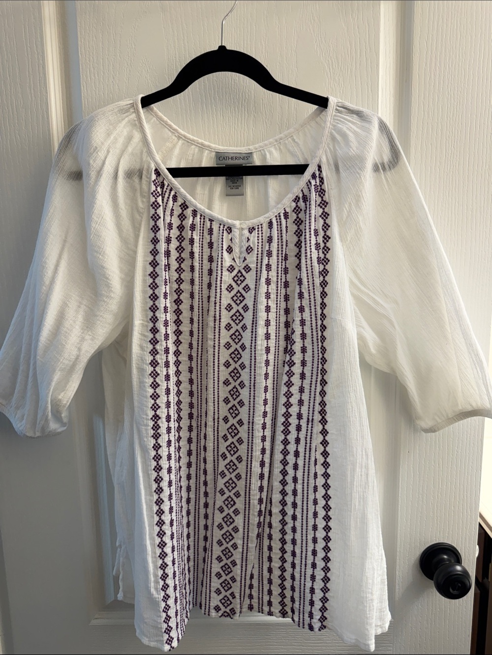 Catherines White Tunic with Purple Embroidered Panel